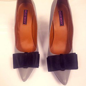 Mojo Moxy Grey Leather Pumps with Black Satin Bow